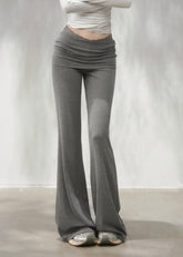 Grey lace-trim flare pants with ruched fold-over waistband