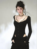 Black sweetheart neckline long sleeve top with waist cutout details