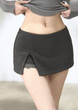 Dark grey lace-trim mini skort with asymmetric front slit