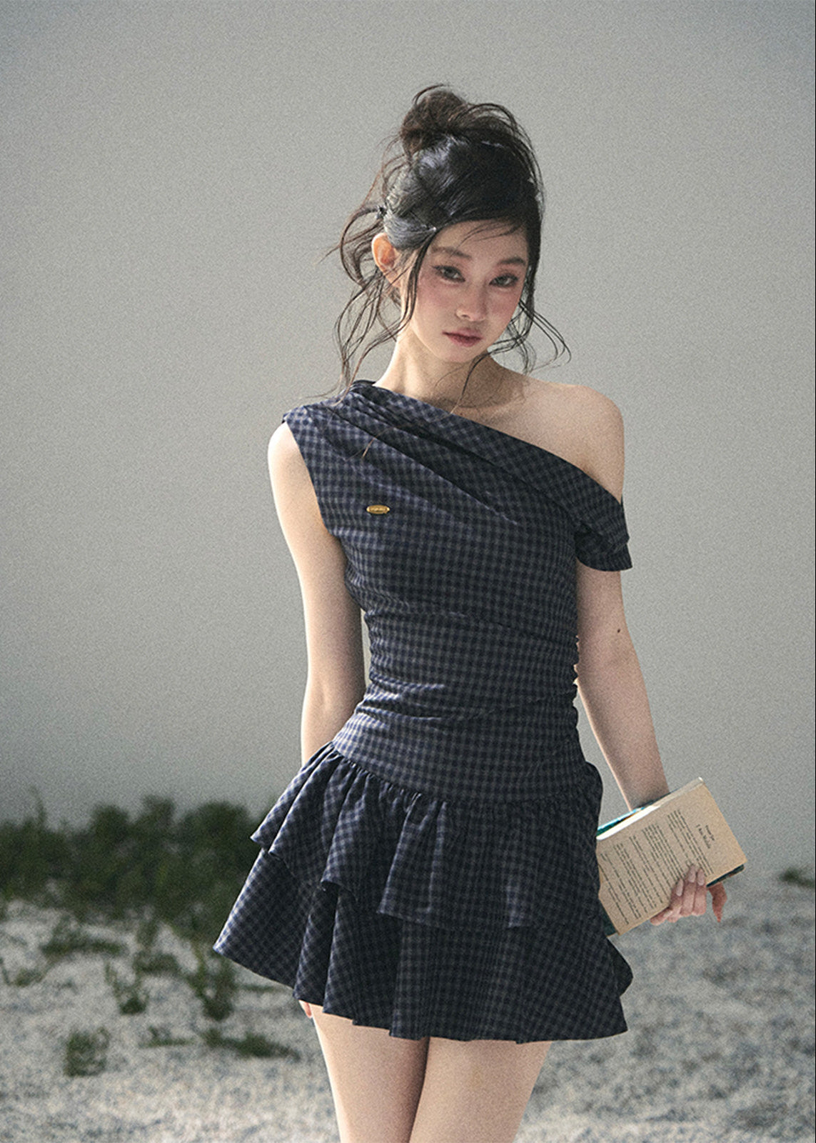 aomalm plaid dress, one shoulder mini dress, off shoulder summer dress, korean feminine dress, elegant plaid mini dress, french style summer dress, romantic mini dress, cake dress women, asymmetrical neckline dress, fitted plaid dress, date night summer dress, chic summer mini dress