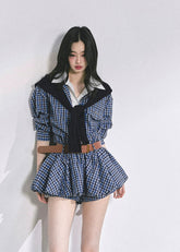 korean plaid dress, two piece set women, korean preppy outfit, hepburn style dress, autumn mini skirt set, belted plaid outfit women, seoul fashion 2025, korean chic preppy look, vintage school girl outfit, trendy korean clothing, blue check dress, elegant french plaid outfit, waist slimming short dress, korean matching set women, nom alm fashion