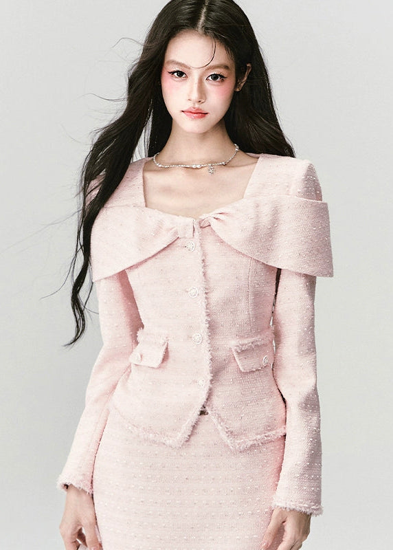 Fragileheart tweed set, pink bow jacket, luxury Korean fashion, elegant two-piece outfit, pastel tweed suit, quiet luxury womenswear, soft pink ensemble, French small fragrance style, K-fashion 2025, feminine office outfit, luxury tweed mini skirt set, romantic pastel look, modern elegant fashion, couture-inspired outfit