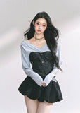 korean denim corset top, korean v neck long sleeve top, denim patchwork streetwear, korean hot girl outfit, trendy korean fall top, slim fit waist denim blouse, korean chic denim fashion, seoul style crop top women, off shoulder denim top korea, denim corset long sleeve women, modern korean streetwear top, korean aesthetic denim blouse, kfashion autumn top, urban denim streetwear outfit, korean stylish denim corset