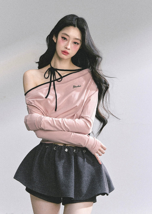 korean halterneck top, korean off shoulder top, hot girl pink top, korean streetwear women, autumn long sleeve halter shirt, korean slim fit t shirt, seoul fashion top, kfashion off shoulder shirt, pink halter knit top, korean style cute top, off shoulder long sleeve korean, hot girl fall outfit, ribbon neck korean top, slim waist korean tee, soft pink korean fashion