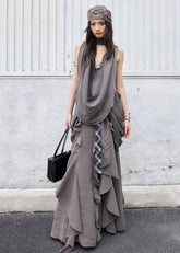 jnylon vest, draped vest women, korean fashion vest, sleeveless long top, sculptural vest, gray draped top, urban korean fashion, stylish layering top, low drape vest, pleated vest women, modern streetwear top, korean designer style
