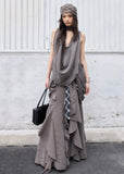 jnylon skirt, ruffle maxi skirt, korean fashion skirt, layered long skirt, gray maxi skirt, irregular ruffle skirt, stylish korean outfit, urban skirt women, modal skirt, plaid patchwork skirt, statement long skirt, korean street fashion