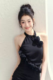 Niche design dinner style black rose ribbon sleeveless dress