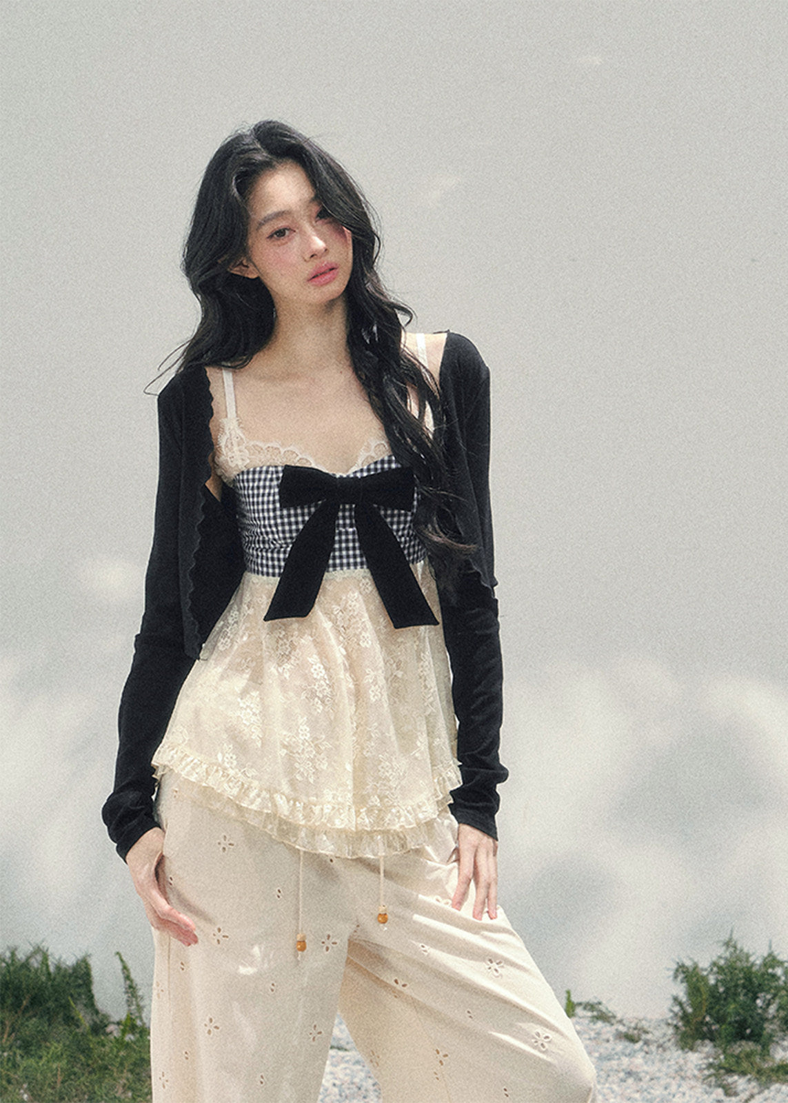 AOMALM bow lace top, French romantic plaid blouse, feminine lace layered knitwear, Korean elegant spring top women, quiet luxury romantic outfit, Parisian inspired lace bow blouse, delicate plaid lace camisole top, romantic Korean French aesthetic clothing, soft feminine spring knit, elegant ribbon detail blouse, refined luxury womenswear top, lightweight lace layered shirt, romantic spring fashion women, feminine Korean designer inspired blouse, delicate bow lace knit top