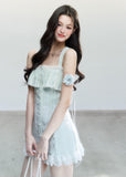 fragileheart dress, white tea mini dress, mint lace dress, embroidered mini dress, korean feminine dress, spring mini dress, lace trim dress, hollow embroidery dress, soft girl dress, feminine korean fashion, romantic summer dress, mint green dress