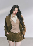 korean blazer shorts set, french british suit set women, autumn two piece blazer set, korean streetwear suit outfit, chic brown suit women, office style korean fashion, pleated culotte suit set, hepburn style blazer outfit, elegant two piece set women, seoul fashion brown suit, vintage french blazer look, korean professional outfit women, brown jacket mini skirt set, modern chic korean suit, high end autumn fashion set