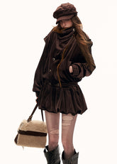 fleece jacket dress women, flower hem jacket skirt, y2k jacket dress, retro winter dress women, waist defined fleece coat, high fashion winter outfit, street style jacket dress, trendy fleece dress women, premium winter fashion women, mamc dress style, sculpted hem jacket, fashion mini coat dress, autumn winter statement dress, y2k streetwear women, high end casual dress