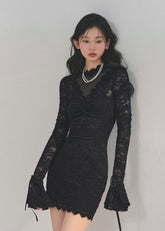 full moon lace dress, winter lace dress women, French lace bodycon dress, AOMALM dress, elegant black lace dress, sexy winter dress, long sleeve lace dress, V-neck lace dress, feminine holiday dress, ruched lace dress, slim bodycon dress winter, Korean feminine dress, date night lace dress, sexy black dress winter, lace flare sleeve dress, cold season party dress, winter outfit ideas women