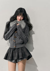 AOMALM cardigan, Korean knit sweater, horn button cardigan, feminine winter sweater, soft Korean style top, cable knit cardigan women, faux fur collar sweater, winter knit jacket women, slim fit knit cardigan, romantic Korean fashion, soft girl winter outfit, vintage button sweater, cozy feminine cardigan, Korean aesthetic clothing, winter layering knit top