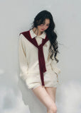 AOMALM collegiate knit set, French romantic spring twinset, Korean elegant two piece outfit, feminine sweater and shorts set, quiet luxury knit ensemble women, Parisian inspired collegiate outfit, romantic Korean French aesthetic clothing, soft feminine spring knitwear, refined casual luxury womenswear, elegant lightweight knit set women, romantic preppy style outfit, feminine Korean fashion twinset, spring luxury knit outfit, delicate layered sweater set, soft luxury womenswear ensemble