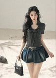 V-neck short sleeve top with soft bow accent