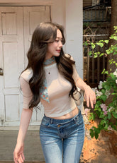 off shoulder knit top, minimalist knit top, slimming knit top, Korean feminine top, solid color knit tee, mid sleeve knit top, elegant summer knit, soft slim fit top, versatile knit blouse, feminine Korean fashion, collarbone knit top, acrylic lyocell wool top, mulberry silk knit top, casual elegant top, fitted knitwear women