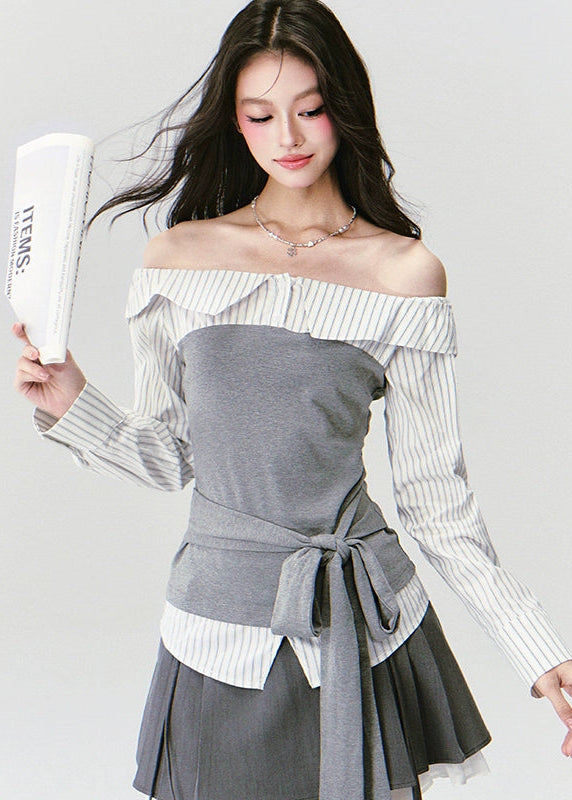 Fragileheart off-shoulder blouse, grey patchwork top, asymmetric layered shirt, luxury Korean fashion, elegant autumn outfit, quiet luxury style, pastel noir aesthetic, K-fashion 2025, structured feminine top, intellectual modern look, pre-fall womenswear, romantic Korean blouse, soft grey knit shirt, delicate tailored outfit