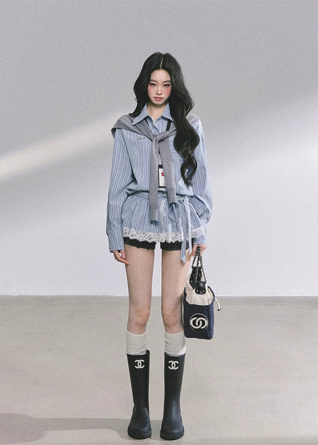 lace striped shirt women
french lace blouse
korean style striped top
ruffle lace trim shirt
long sleeve lace shirt women
autumn commuter blouse
elegant lace shirt outfit
korean american fashion top
slimming lace striped blouse
vintage lace ruffle top
romantic french style shirt
casual chic lace shirt women