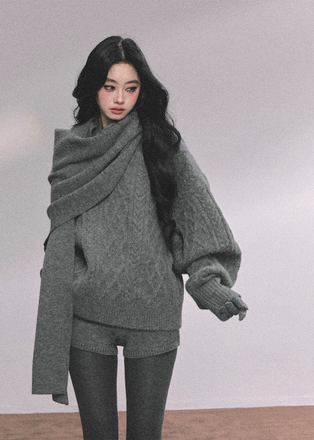 knit set, 3 piece knit set, cable knit sweater, cable knit shorts, knit scarf set, winter knit outfit, cozy knit loungewear, Korean style knit set, Korean fashion knitwear, oversized sweater set, fall winter knitwear, casual knit matching set, warm knitted outfit women, street style knit set, French chic knitwear, soft knit sweater, knit shorts outfit, scarf sweater set women, aesthetic knit outfit