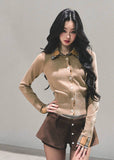 soft memoir knit blouse, korean knit top, feminine knit shirt, layered collar knit, plaid collar blouse, autumn winter knitwear, slim fit knit top, AOMALM top, korean fashion 2025, girly knit blouse, two tone knitwear, elegant knit long sleeve