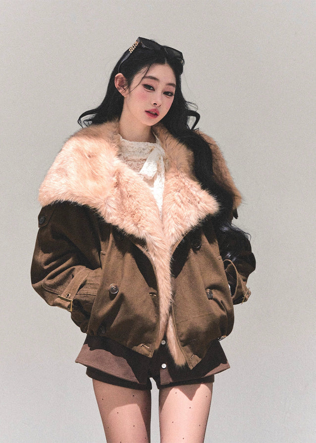 eco fur jacket women, brown plush winter coat, faux fur collar jacket, loose warm winter top, chestnut fur jacket, fluffy winter outerwear, korean eco fur fashion, fw25 warm plush coat, women faux fur jacket, winter statement coat