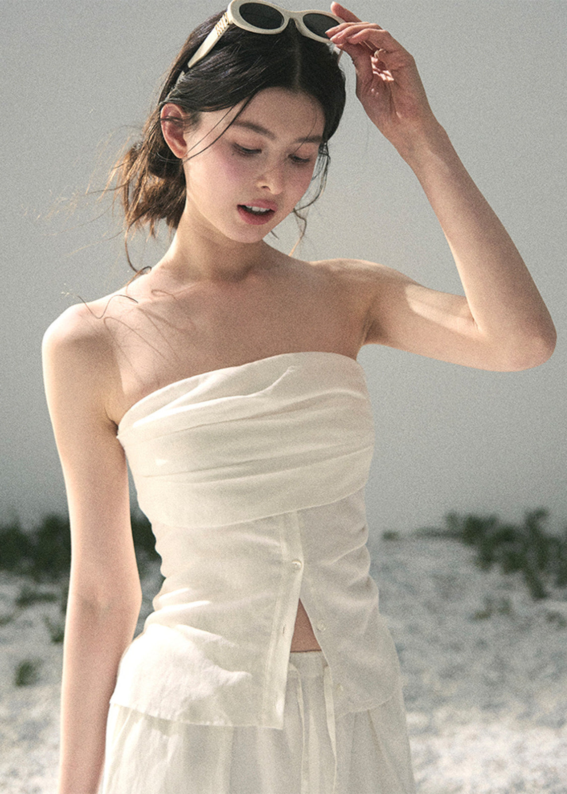 aomalm set, white two piece set, strapless top and pants set, tencel linen set, korean fashion set, feminine summer outfit, elegant summer co ord, white trouser set, minimal summer set, vacation outfit women, relaxed wide leg pants set, soft white summer set