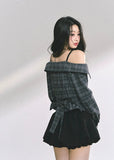 korean off shoulder long sleeve top, french drape blouse women, fake two piece asymmetrical top, korean autumn fashion top women, off shoulder plaid shirt top, elegant french style blouse, korean streetwear chic outfit, trendy korean top long sleeve, asymmetrical draped top women, hot girl fashion blouse korea, korean minimal chic outfit, seoul fashion top autumn, off shoulder slim fit shirt, korean preppy plaid shirt, london style korean top women