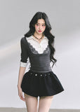 korean lace polo top, contrast lace collar blouse, fake two piece korean top, korean long sleeve lace shirt, elegant korean knit top, seoul fashion autumn 2025, korean layered blouse women, lace contrast polo shirt, preppy korean girl top, korean chic fashion blouse, slim fit lace top, korean office casual shirt, kfashion lace knit top, korean classy look, hot girl korean fashion
