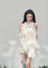 AOMALM sheer ruffle blouse, French romantic spring top, feminine off shoulder chiffon blouse, Korean elegant sheer shirt women, quiet luxury romantic outfit, Parisian inspired ruffle blouse, delicate fungus edge blouse women, romantic Korean French aesthetic clothing, lightweight spring sheer top, soft feminine translucent blouse, elegant airy chiffon shirt women, refined luxury womenswear blouse, romantic flowy spring fashion, delicate feminine long sleeve blouse, luxury Korean designer inspired top