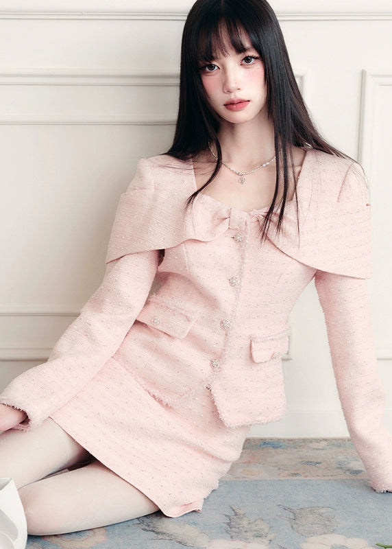 Fragileheart tweed set, pink bow jacket, luxury Korean fashion, elegant two-piece outfit, pastel tweed suit, quiet luxury womenswear, soft pink ensemble, French small fragrance style, K-fashion 2025, feminine office outfit, luxury tweed mini skirt set, romantic pastel look, modern elegant fashion, couture-inspired outfit
