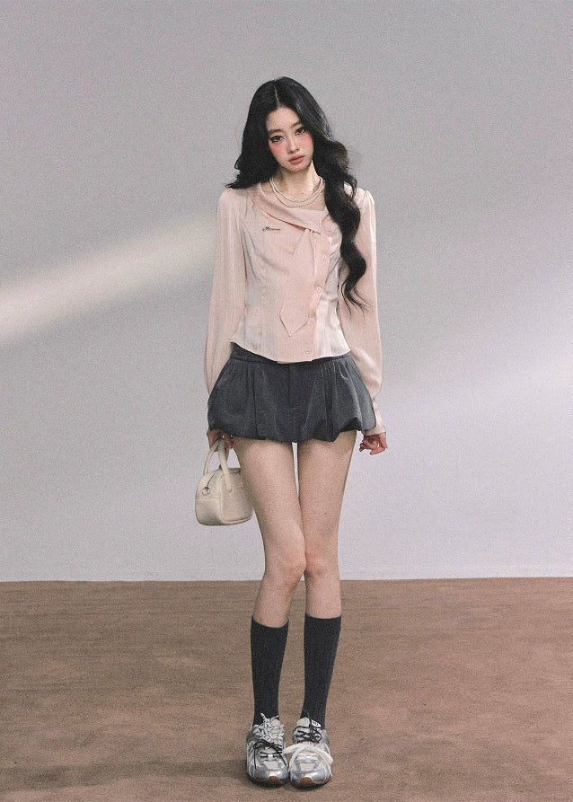 striped ribbon blouse, pastel stripe shirt women, korean girl ribbon top, french sweet blouse, commuter slim shirt, soft girl aesthetic blouse, autumn striped top women, elegant ribbon collar shirt, korean fashion blouse, feminine office top, light pink striped shirt, sweet style ribbon blouse, long sleeve stripe top women, cute pastel blouse, korean chic commuter top