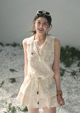 aomalm top, lace layered top, openwork summer top, feminine korean top, french lace blouse, drawstring waist top, sleeveless lace top, romantic summer blouse, korean fashion top, crochet style summer top, pretty vacation top, soft girl summer outfit