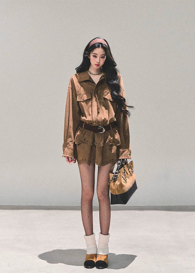suede shirt dress women, faux two piece dress, brown cowhide dress, lace hem mini dress, autumn winter shirt dress, american suede style dress, browncore skirt dress, fw25 suede outfit, rustic suede mini dress, cutwork lace dress women