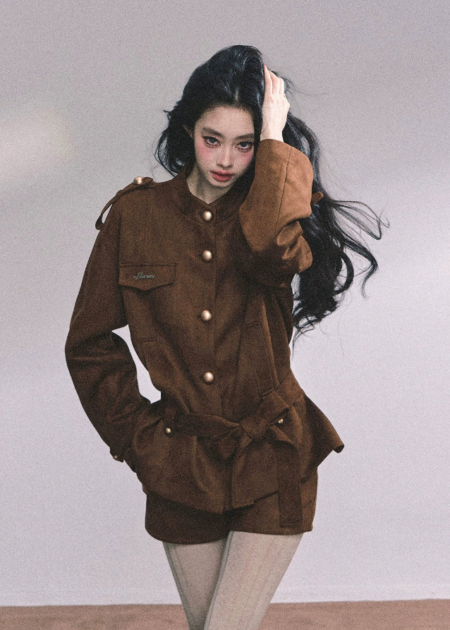 suede jacket set, suede two piece outfit, brown suede coat women, korean fashion suede set, fall winter suede suit, belted suede jacket, luxury suede co ord, trendy korean two piece outfit, soft suede autumn set, street style suede look, elegant suede jacket and shorts, boutique suede outfit women, suede utility jacket set, women's suede matching set
