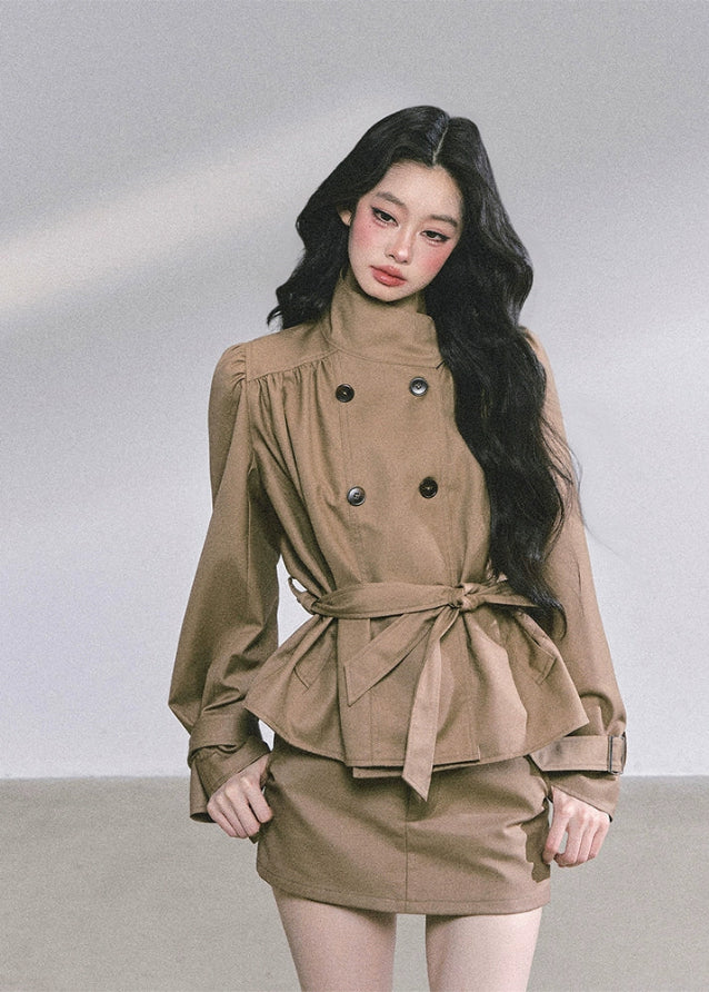 french hepburn suit set, korean two piece skirt suit, autumn peplum blazer set, belted blazer mini skirt, elegant korean outfit women, seoul chic fashion set, french inspired skirt suit, korean business chic outfit, hepburn korean office set, korean high end autumn fashion, korean modern lady outfit, classy two piece set for women, parisian blazer skirt set, kfashion blazer outfit, korean elegant matching set