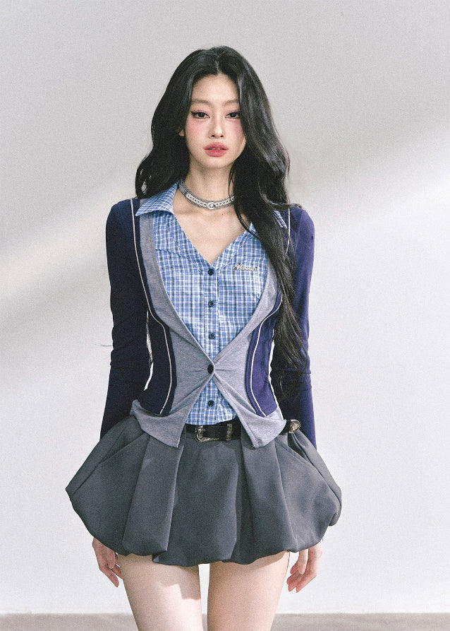 korean fake two piece top, british prep style knit, korean long sleeve polo top, seoul fashion top women, korean streetwear chic outfit, slim fit preppy top women, british college inspired blouse, korean hot girl street fashion, plaid accent layered top, korean fall outfit long sleeve, slim waist design top, trendy korean autumn top, korean aesthetic fashion, london prep chic top, korean fashion two piece illusion blouse