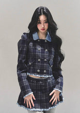 Proust Blue set, plaid suit set, collegiate jacket women, winter plaid skirt set, Korean two-piece outfit, AOMALM suit set, academic style outfit, Korean winter fashion, plaid mini skirt, tailored winter jacket, K-fashion set, blue plaid outfit, elegant winter outfit women, campus style clothing, wool blend jacket women, date outfit winter, Korean street style, cute two-piece set, winter feminine fashion, plaid matching set
