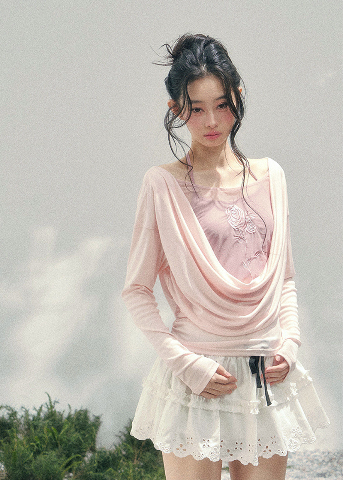 AOMALM embroidered twinset, French romantic draped top women, rose embroidery spring blouse, Korean elegant layered knitwear, quiet luxury romantic outfit, Parisian inspired swing collar blouse, feminine Korean French aesthetic clothing, delicate embroidered spring top, soft feminine layered knit set, elegant pastel romantic blouse, refined luxury womenswear twinset, lightweight embroidered knitwear women, romantic spring fashion top, feminine draped collar blouse, luxury Korean designer inspired set