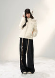 down jacket women, fur collar down jacket, Korean style puffer coat, winter warm hooded jacket, cable knit patchwork coat, soft wool puffer, feminine winter jacket, cute Korean jacket, fluffy hooded down coat, umoumo jacket, winter outerwear women, white down jacket, soft girl winter coat, warm puffer jacket women