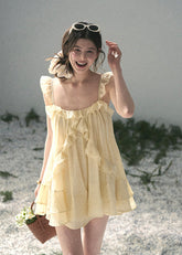 yellow mini dress, babydoll dress, ruffle mini dress, korean fashion dress, feminine summer dress, seaside vacation dress, soft girl mini dress, romantic yellow dress, aomalm dress, lightweight summer dress