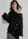 JNYLON asymmetric tweed jacket women, Korean stylish fringe jacket, modern Korean fashion artist coat, chic metal buckle jacket women, trendy Korean street chic outerwear, textured tweed style jacket Korean fashion, urban fashion fringe jacket women, stylish Korean aesthetic jacket, fashionable creative style outerwear women