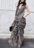 jnylon skirt, ruffle maxi skirt, korean fashion skirt, layered long skirt, gray maxi skirt, irregular ruffle skirt, stylish korean outfit, urban skirt women, modal skirt, plaid patchwork skirt, statement long skirt, korean street fashion