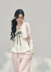 AOMALM polka dot lace twinset, French romantic spring layered top, feminine polka blouse women, Korean elegant two piece knit set, quiet luxury romantic outfit, Parisian inspired lace polka top, delicate peplum spring blouse, romantic Korean French aesthetic clothing, soft feminine spring cardigan set, refined luxury womenswear twinset, lightweight lace layered shirt women, elegant pastel romantic outfit, luxury Korean designer inspired clothing, feminine polka dot blouse women