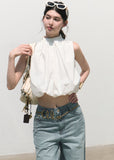 oakmoo top, cotton sleeveless top, pleated cotton top, white halter top, korean minimal fashion, flower bud top, cropped summer top, resort summer top, pure cotton blouse, feminine white top, quiet luxury top, soft summer outfit
