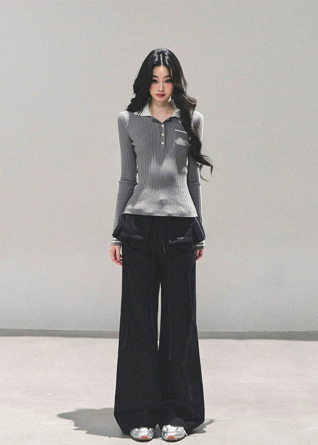 polo knit top women, ribbed long sleeve polo, slim fit knitted t-shirt, autumn winter polo top, american style knit tee, contrast collar knit top, wendy letter knit, fw25 ribbed top, preppy polo shirt women, korean slim knitwear