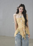 Women’s golden gingham cami top with flowing ruffle details