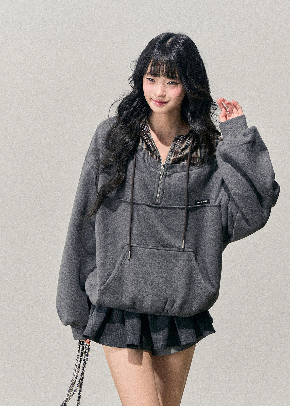 AOMALM hoodie, Korean hoodie women, fake two piece hoodie, plaid hoodie women, oversized sweatshirt, winter hoodie women, Korean casual top, fleece hoodie women, layered hoodie style, soft feminine hoodie, half zip sweatshirt, grey hoodie outfit, winter casual wear women, Korean street fashion hoodie, cozy winter sweatshirt