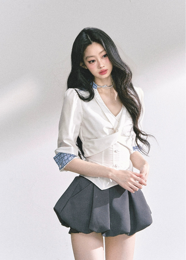 slimming v neck blouse, waist cinch shirt women, fake two piece shirt, french style blouse, korean streetwear top, professional commuter top, fitted summer blouse, elegant v neck shirt, sculpted waist shirt, kpop trainee style top, trendy women’s fashion top, tailored slim fit blouse, chic office top women, korean american fashion