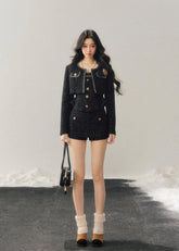 AOMALM, Korean feminine tweed set, winter three piece set women, French chic wool outfit, black tweed jacket skirt set, rich daughter style, elegant winter set, Korean fashion winter, feminine wool tweed, luxury winter outfit women, soft feminine aesthetic, classic black tweed, layered winter styling, boutique Korean brand, refined winter ensemble, slim silhouette winter set