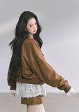 woolen suit set, lace layered top, french autumn outfit, hepbum style jacket, suede mini skirt set, korean fashion three piece, fall winter women's set, caramel jacket outfit, lace camisole top, elegant wool suit women